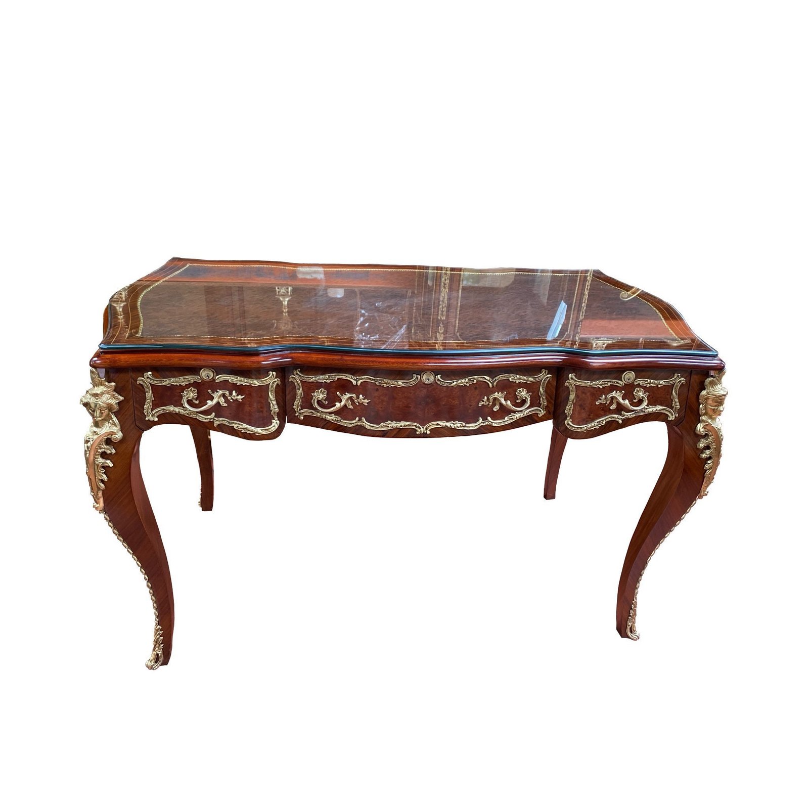French 18th century Louis XV style sans-traverse veneer inlaid leather top palatial Bureau Desk - Image 2