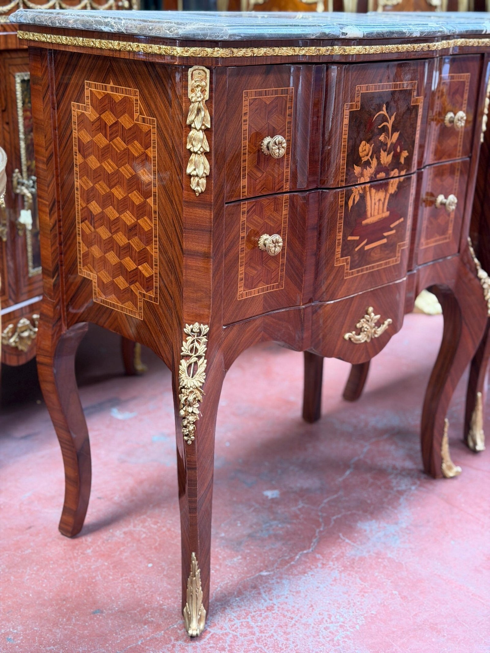 Louis XV French Style Marquetry Commode with Marble Top - Image 5