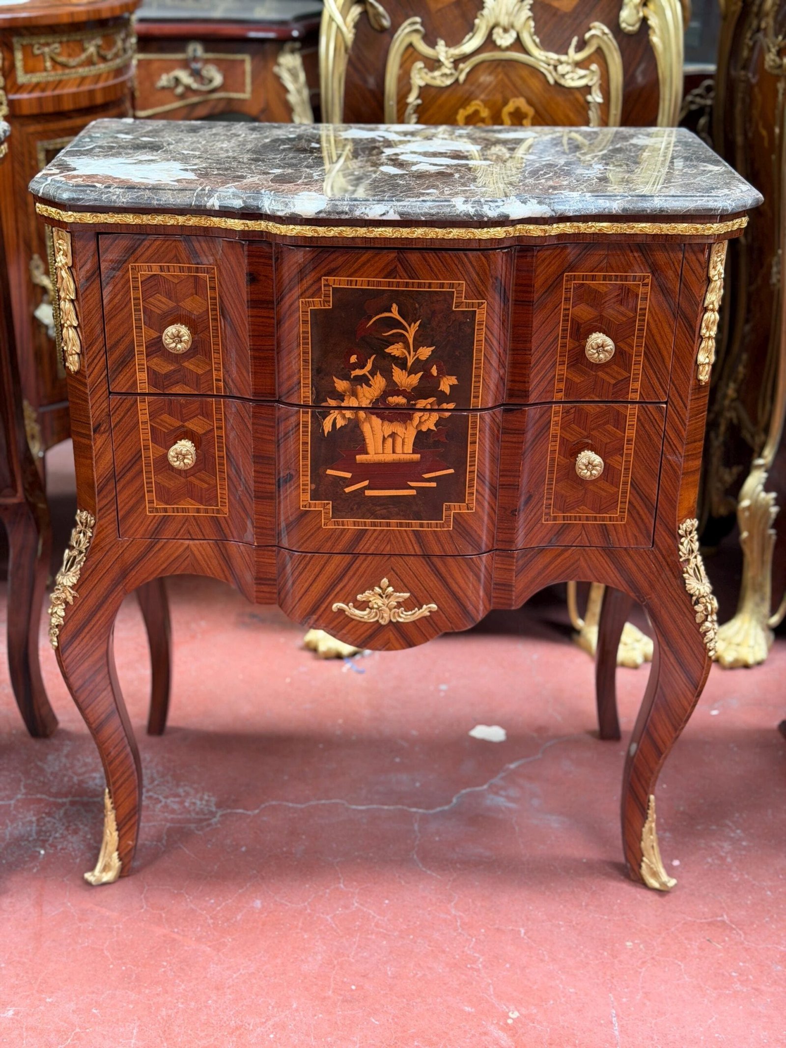 Louis XV French Style Marquetry Commode with Marble Top