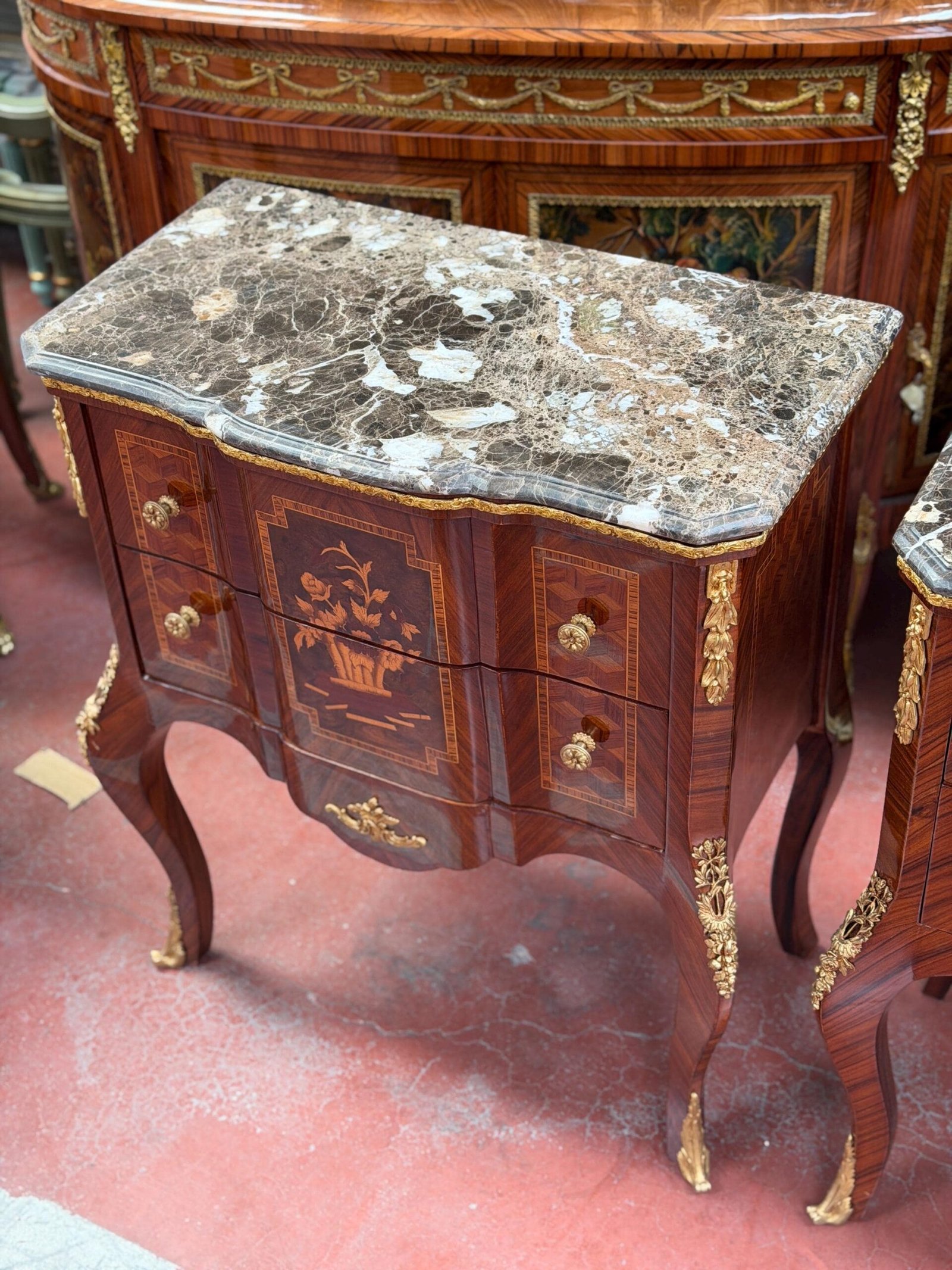 Louis XV French Style Marquetry Commode with Marble Top - Image 4