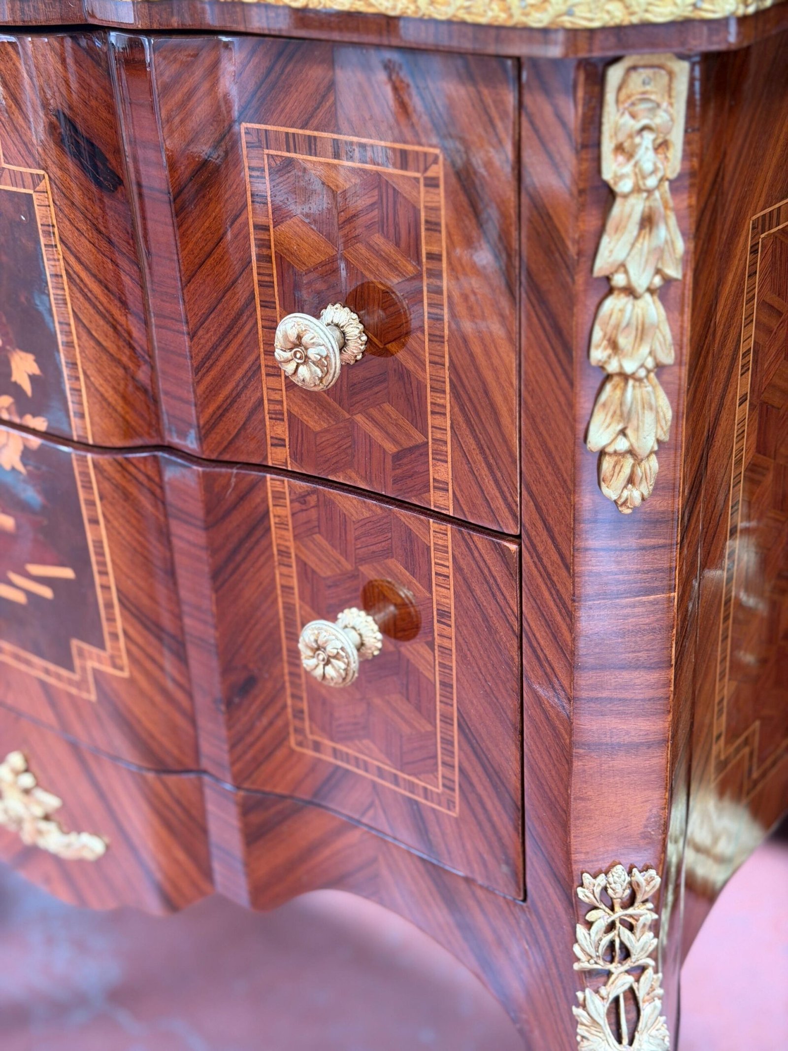 Louis XV French Style Marquetry Commode with Marble Top - Image 6