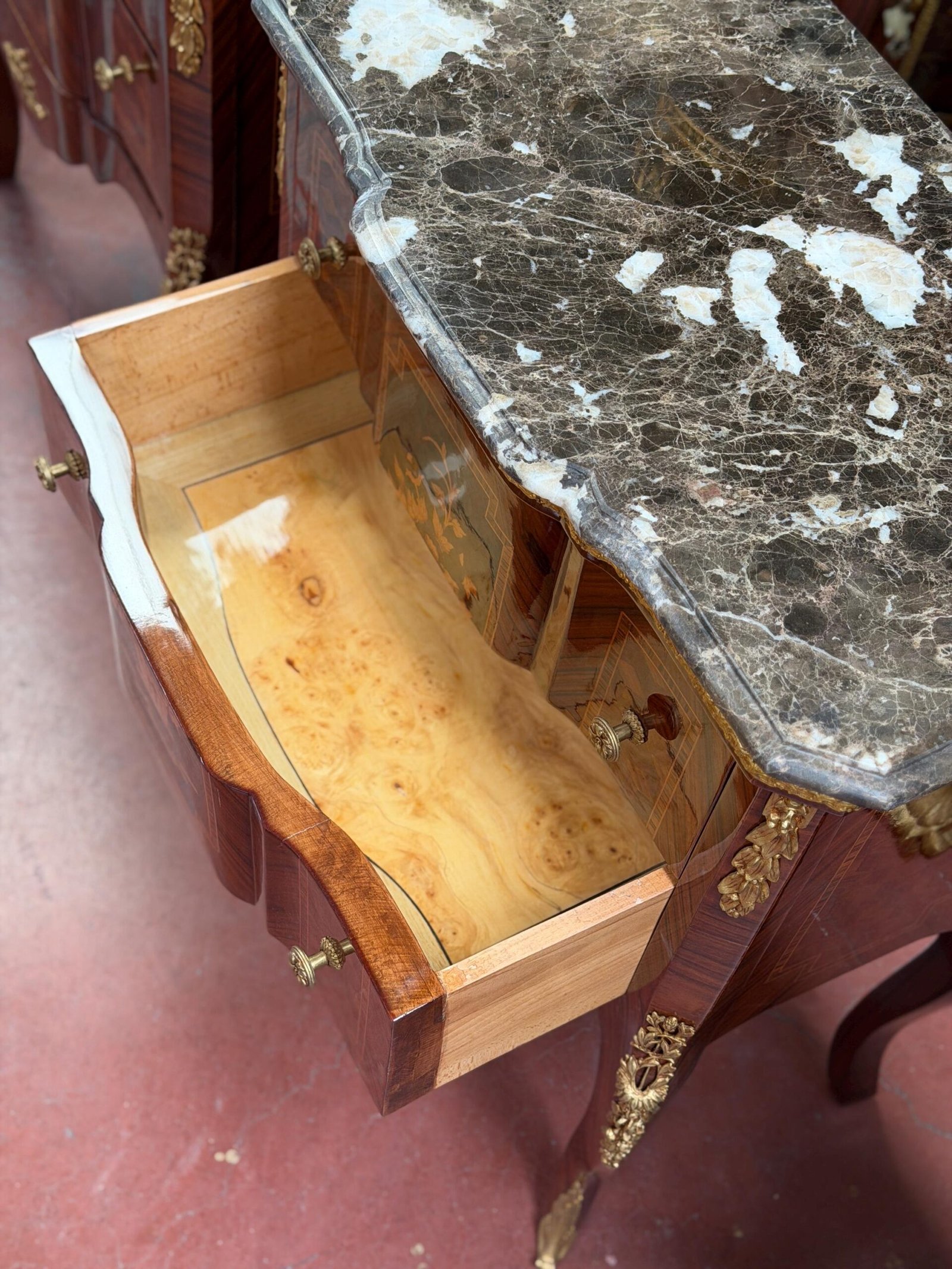 Louis XV French Style Marquetry Commode with Marble Top - Image 9