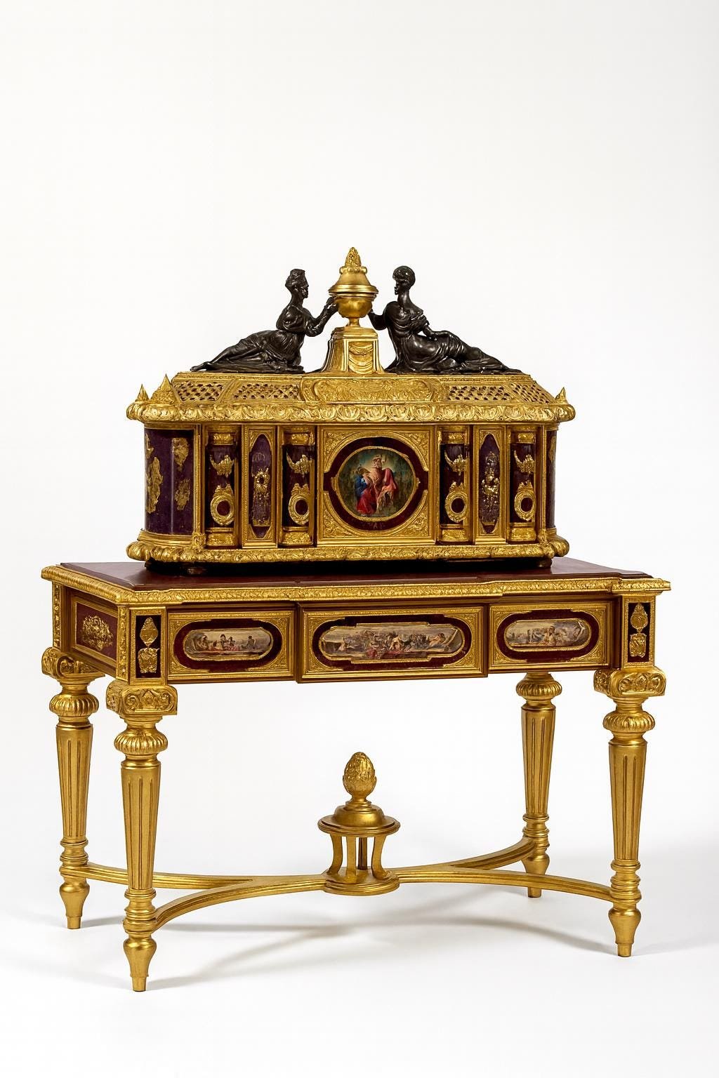 Exquisite French-Style Gilded Jewelry Casket WITH Matching Console Table – Hand-Painted Porcelain & Bronze Figurines