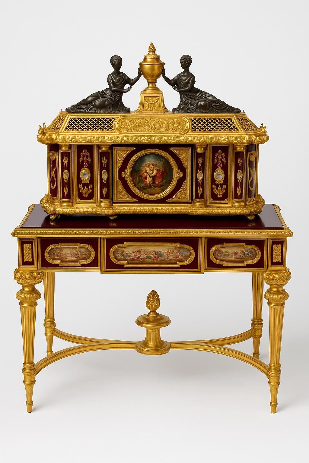 Exquisite French-Style Gilded Jewelry Casket WITH Matching Console Table – Hand-Painted Porcelain & Bronze Figurines - Image 2